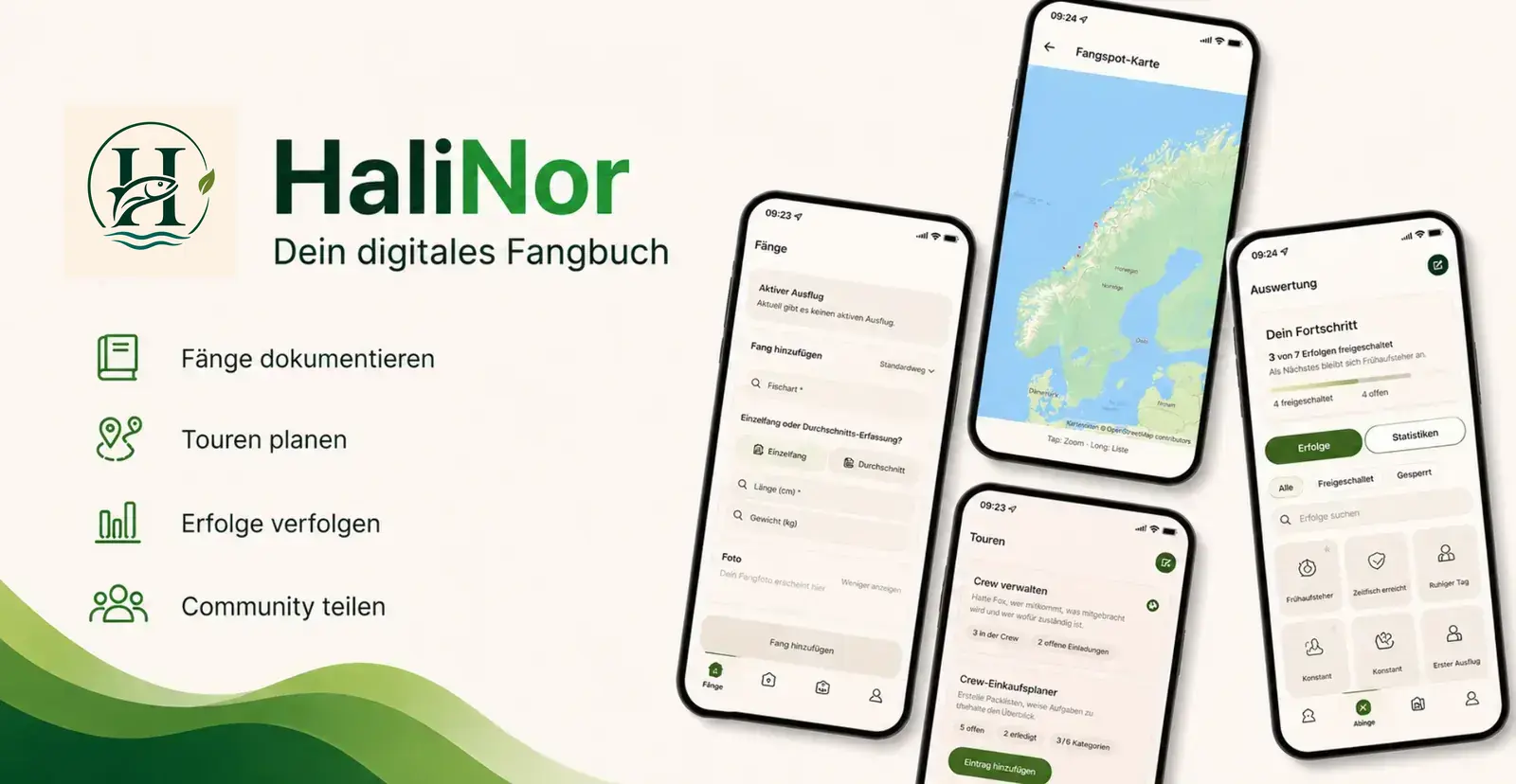 HaliNor App-Vorschau mit Fangbuch, Tourenplanung, Fangspot-Karte und Auswertung